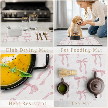 Coquette Pink Bow Dish Drying Mat, Aesthetic Preppy Ribbon Bow Absorbent Dish Drainer Reusable Washable Drying Mat Pad for Kitchen Counter, Pink Kitchen Decor, 12×15 Inch