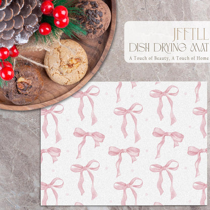Coquette Pink Bow Dish Drying Mat, Aesthetic Preppy Ribbon Bow Absorbent Dish Drainer Reusable Washable Drying Mat Pad for Kitchen Counter, Pink Kitchen Decor, 12×15 Inch