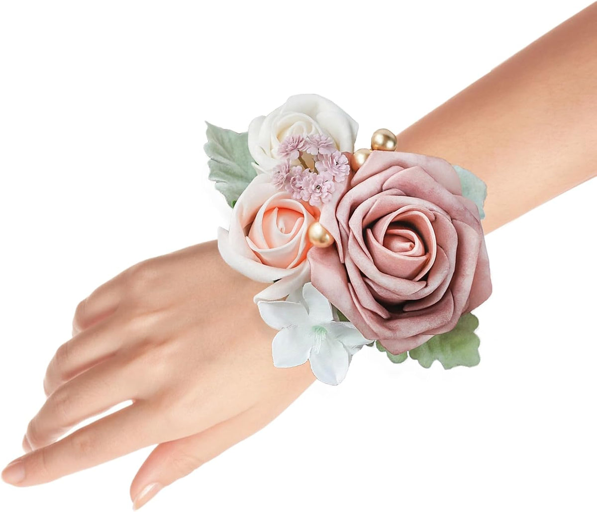 Set of 2 Wrist Corsage Wristlet for Wedding Bridesmaid Mother Grandmother for Bridal Shower Wedding Artificial Roses Flower Prom Dusty Blush Pink