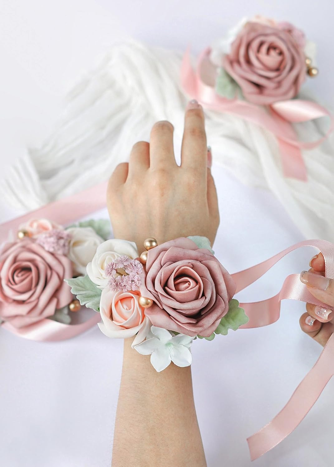 Set of 2 Wrist Corsage Wristlet for Wedding Bridesmaid Mother Grandmother for Bridal Shower Wedding Artificial Roses Flower Prom Dusty Blush Pink