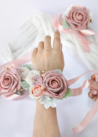 Set of 2 Wrist Corsage Wristlet for Wedding Bridesmaid Mother Grandmother for Bridal Shower Wedding Artificial Roses Flower Prom Dusty Blush Pink