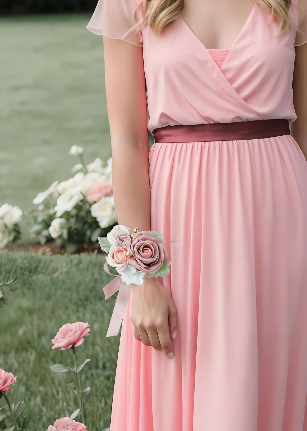 Set of 2 Wrist Corsage Wristlet for Wedding Bridesmaid Mother Grandmother for Bridal Shower Wedding Artificial Roses Flower Prom Dusty Blush Pink