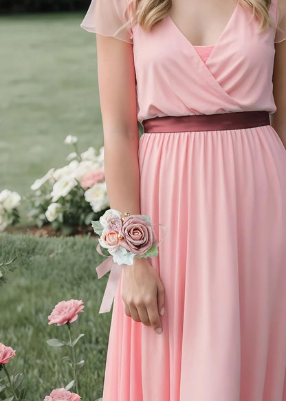 Set of 2 Wrist Corsage Wristlet for Wedding Bridesmaid Mother Grandmother for Bridal Shower Wedding Artificial Roses Flower Prom Dusty Blush Pink