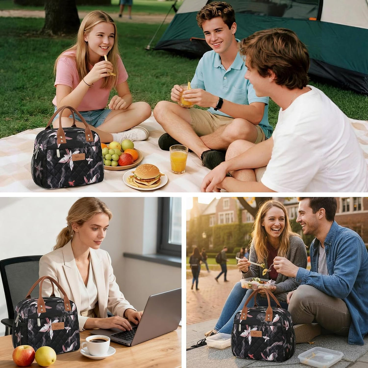 Insulated Lunch Bag for Women Men, Cooler Tote Box, Pink Flowers