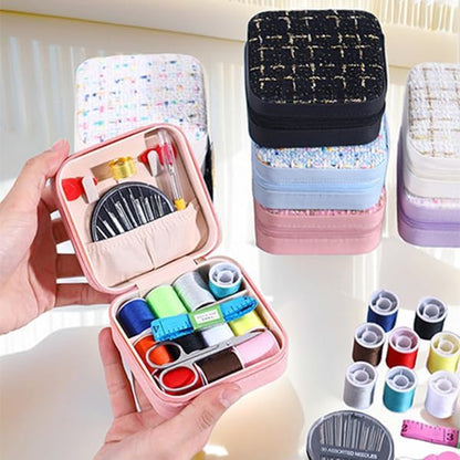 Mini Sewing Kit in Stylish Leather Case – Complete Set with Scissors, Needles, Thread, Needle Threader, Thimble & More – Perfect for Beginners & Travel (Pink)