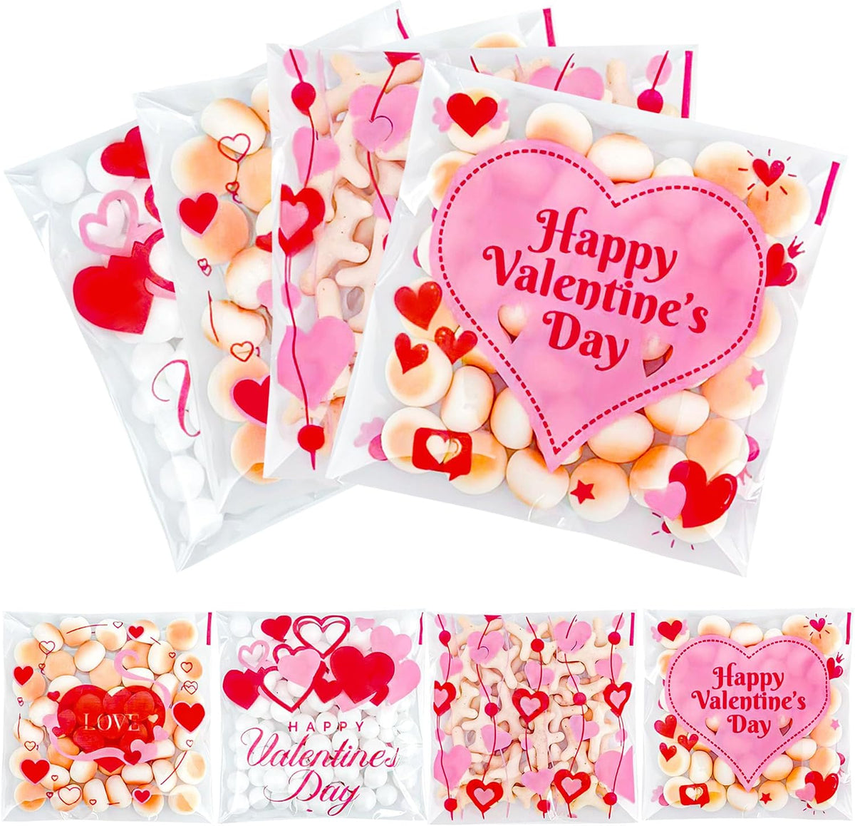 100 Pcs Valentines Self-Sealing Cookie Bags - 4x4 Inch Valentines Cellophane Treat Bags for Candy, Cookies, Gifts - Pink Clear Goodie Bags for Packing Valentine's Day Party Favors - 2.8 Mil