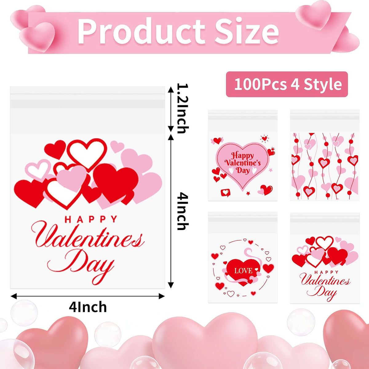 100 Pcs Valentines Self-Sealing Cookie Bags - 4x4 Inch Valentines Cellophane Treat Bags for Candy, Cookies, Gifts - Pink Clear Goodie Bags for Packing Valentine's Day Party Favors - 2.8 Mil