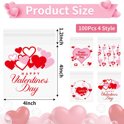 100 Pcs Valentines Self-Sealing Cookie Bags - 4x4 Inch Valentines Cellophane Treat Bags for Candy, Cookies, Gifts - Pink Clear Goodie Bags for Packing Valentine's Day Party Favors - 2.8 Mil