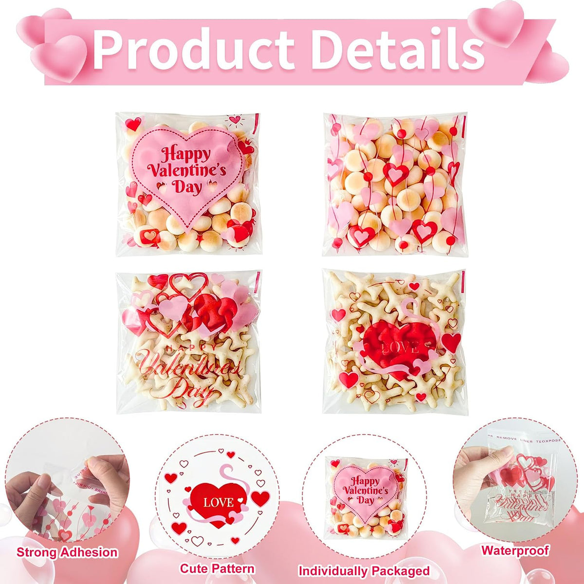 100 Pcs Valentines Self-Sealing Cookie Bags - 4x4 Inch Valentines Cellophane Treat Bags for Candy, Cookies, Gifts - Pink Clear Goodie Bags for Packing Valentine's Day Party Favors - 2.8 Mil