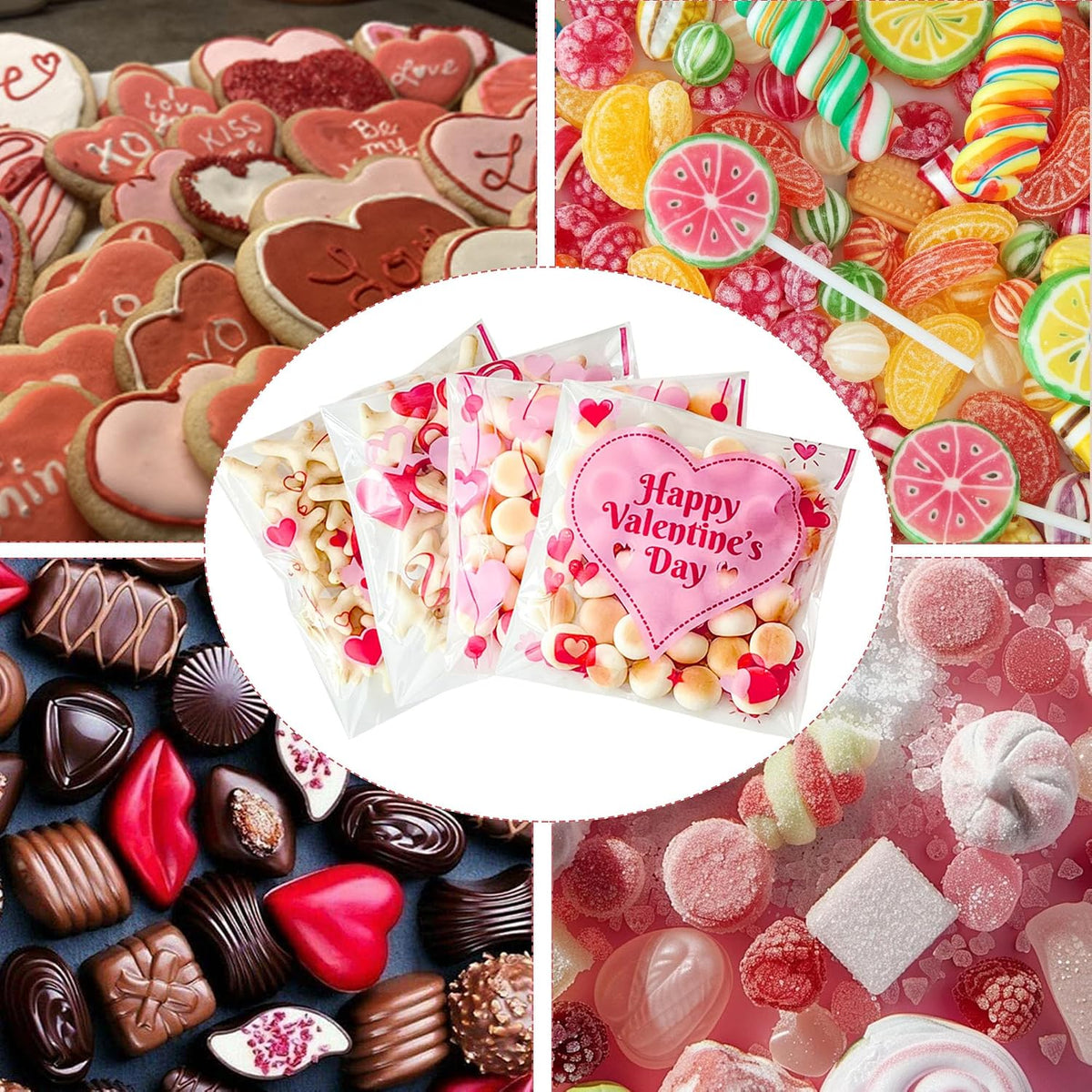 100 Pcs Valentines Self-Sealing Cookie Bags - 4x4 Inch Valentines Cellophane Treat Bags for Candy, Cookies, Gifts - Pink Clear Goodie Bags for Packing Valentine's Day Party Favors - 2.8 Mil