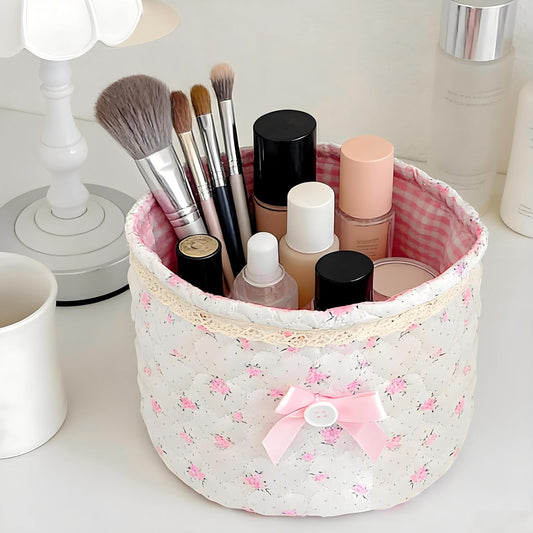 Cosmetic Storage Basket Lace Bow Small Storage Quilted Cotton Basket Multifunctional Desk Container Organizer Cute Bedside Caddy for Little Items for Countertop or Dresser (Pink and White)