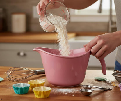 Batter Bowl With Pour Spout, Non-Slip Base, Erogonomic Space Saving Detachable Handle, 2 QT Heavy Duty BPA-Free Microwave & Dishwasher Safe, Pink