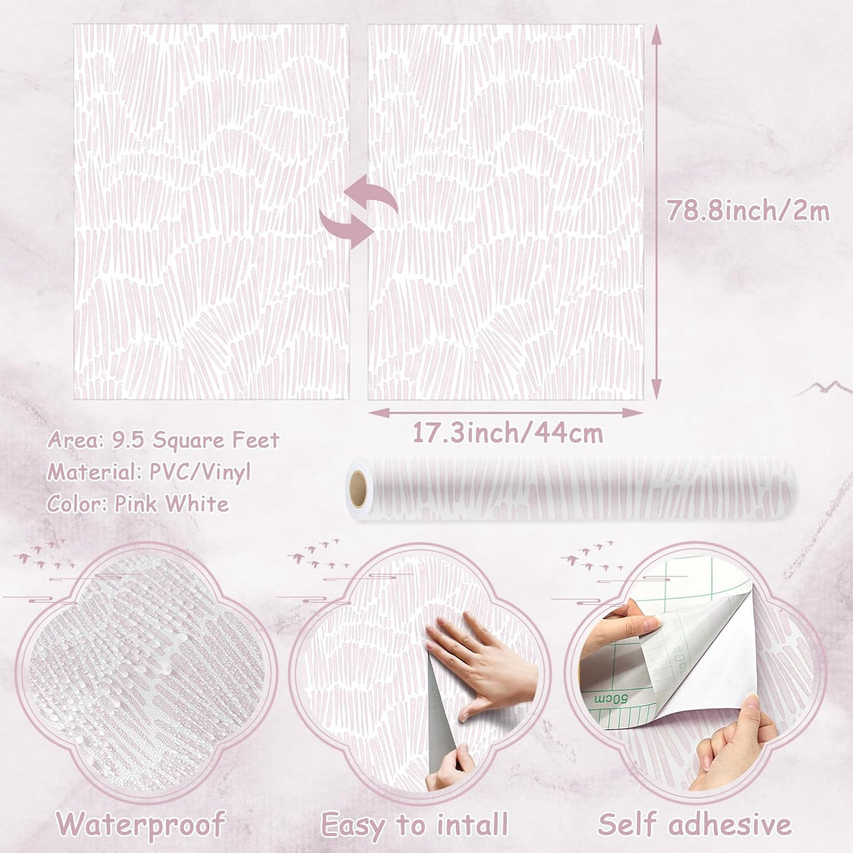 Pink Contact Paper Striped Peel and Stick Wallpaper Boho 17.3"×78.8"