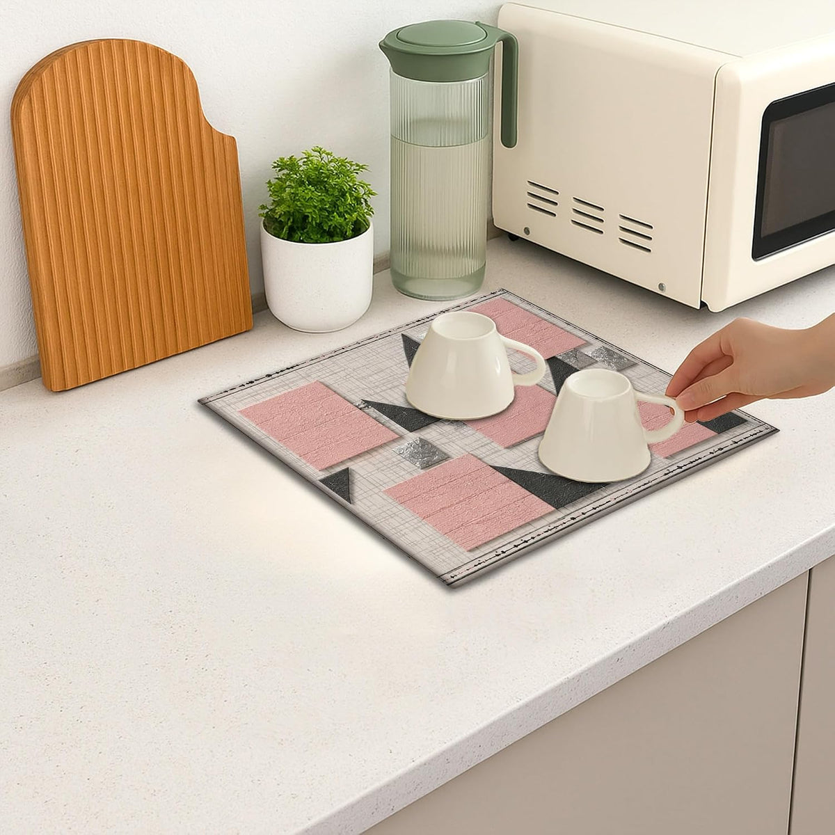Geometric Dish Drying Mats for Kitchen Counter, Peach and Black Absorbent Dish Drainer Mat, Minimalistic Microfiber Drying Pad for Coffee Bar Protector 16x18 Inch