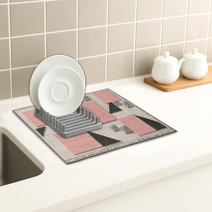 Geometric Dish Drying Mats for Kitchen Counter, Peach and Black Absorbent Dish Drainer Mat, Minimalistic Microfiber Drying Pad for Coffee Bar Protector 16x18 Inch