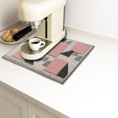 Geometric Dish Drying Mats for Kitchen Counter, Peach and Black Absorbent Dish Drainer Mat, Minimalistic Microfiber Drying Pad for Coffee Bar Protector 16x18 Inch
