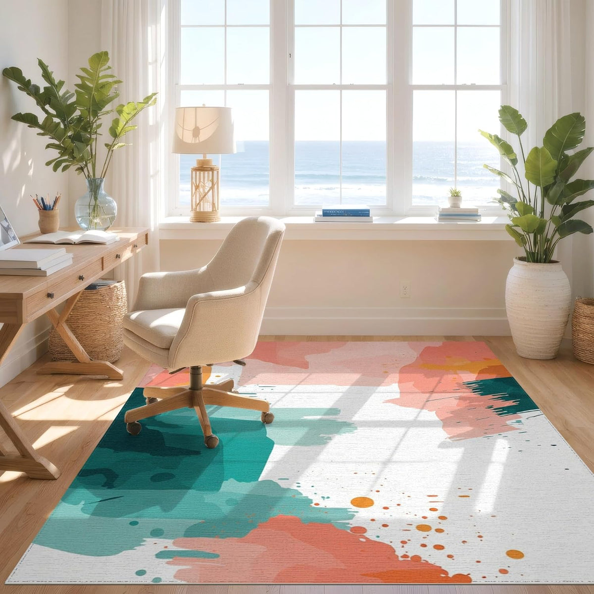 4'x6' Easy Clean Watercolor Abstract Accent Rug, Peach for Playroom, Bedroom, Reading Nook, Sleek Flatweave Pet Friendly & Non-Slip Built-in Grip Floor Covering | 2131296