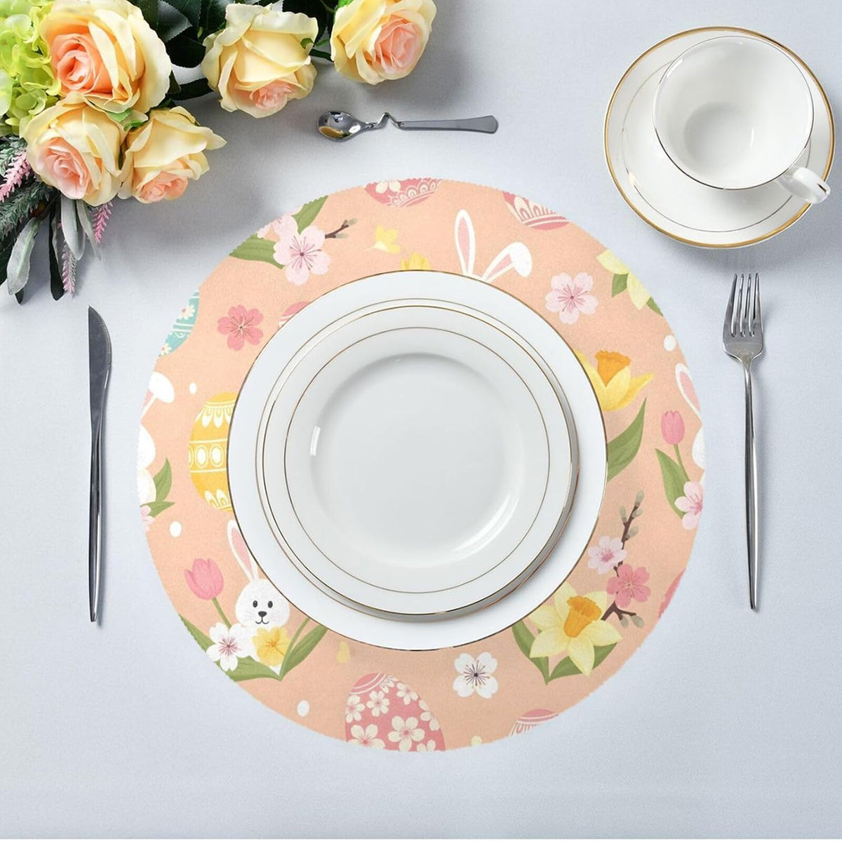 Easter Eggs Pattern Peach Place Mats Set of 4, 15 Inch Round Placemats Washable Non-Slip Table Mats for Kitchen Dining