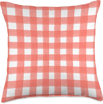 Peach Red Gingham Check Throw Pillow