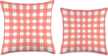 Peach Red Gingham Check Throw Pillow