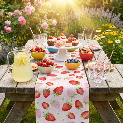 Strawberry Table Runner 72x13 Inch, Cute Fruit Cottagecore Decor
