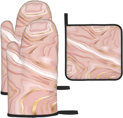 Pink Golden Marble Oven Mitts and Pot Holders Sets of 3