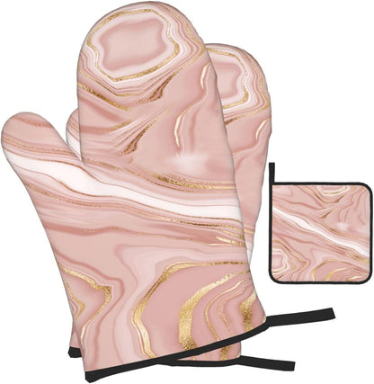 Pink Golden Marble Oven Mitts and Pot Holders Sets of 3