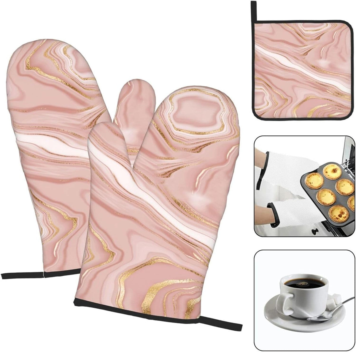 Pink Golden Marble Oven Mitts and Pot Holders Sets of 3