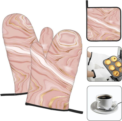 Pink Golden Marble Oven Mitts and Pot Holders Sets of 3