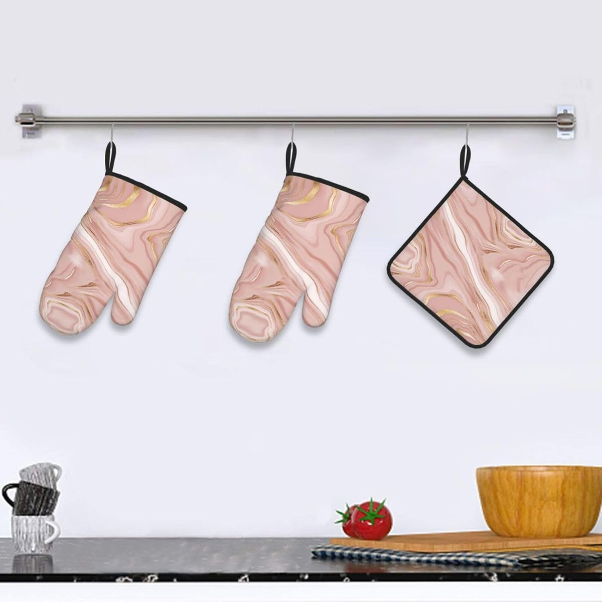 Pink Golden Marble Oven Mitts and Pot Holders Sets of 3