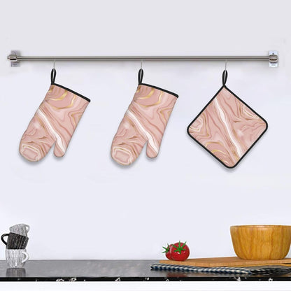 Pink Golden Marble Oven Mitts and Pot Holders Sets of 3