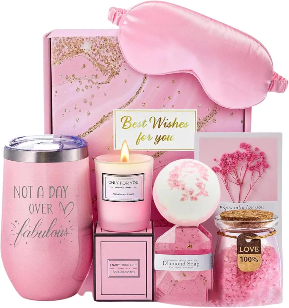 Pink Spa Gift Set, 7-Piece Relaxation Box with Tumbler, Candle, Bath Essentials and Eye Mask