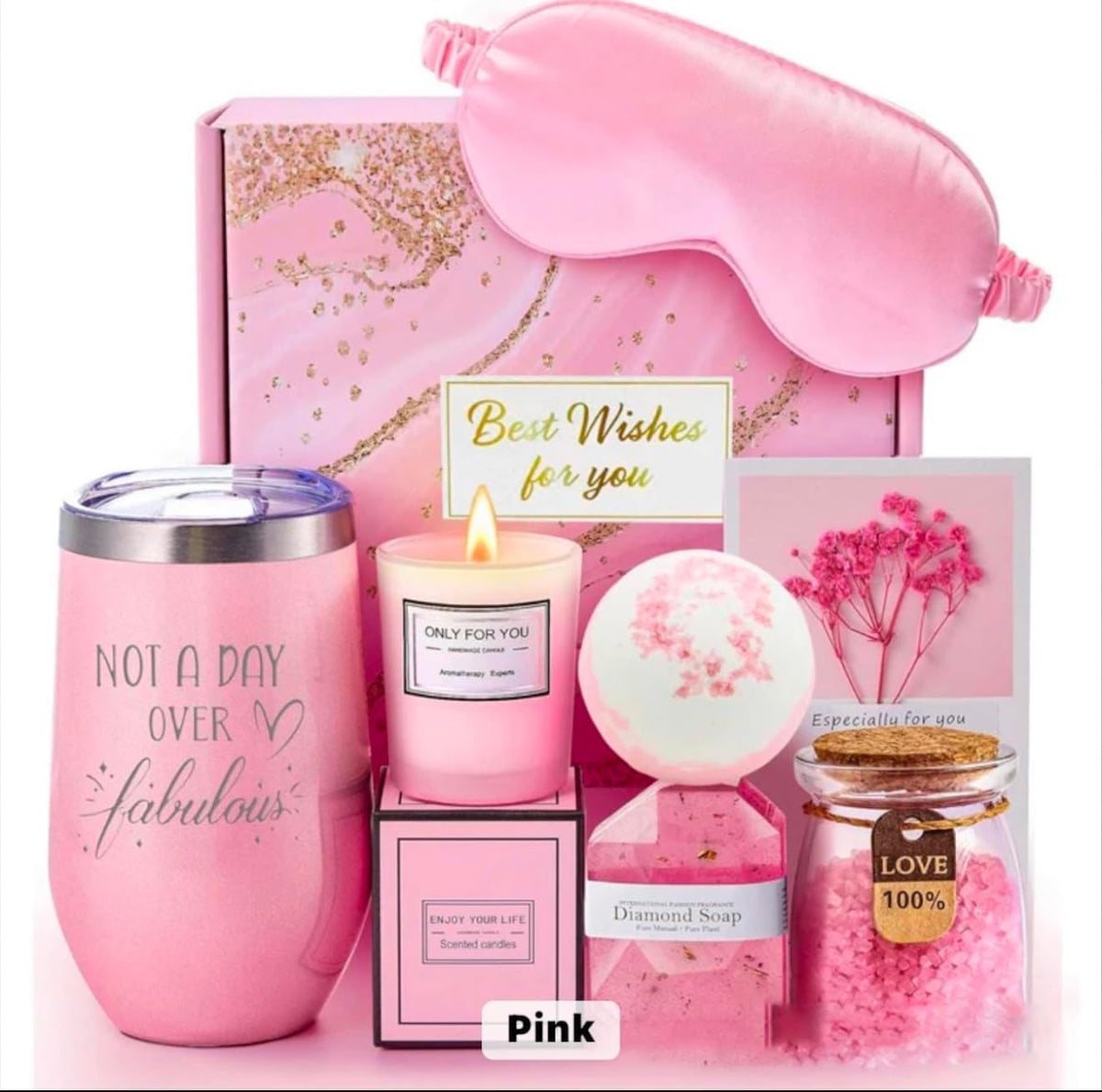 Pink Spa Gift Set, 7-Piece Relaxation Box with Tumbler, Candle, Bath Essentials and Eye Mask