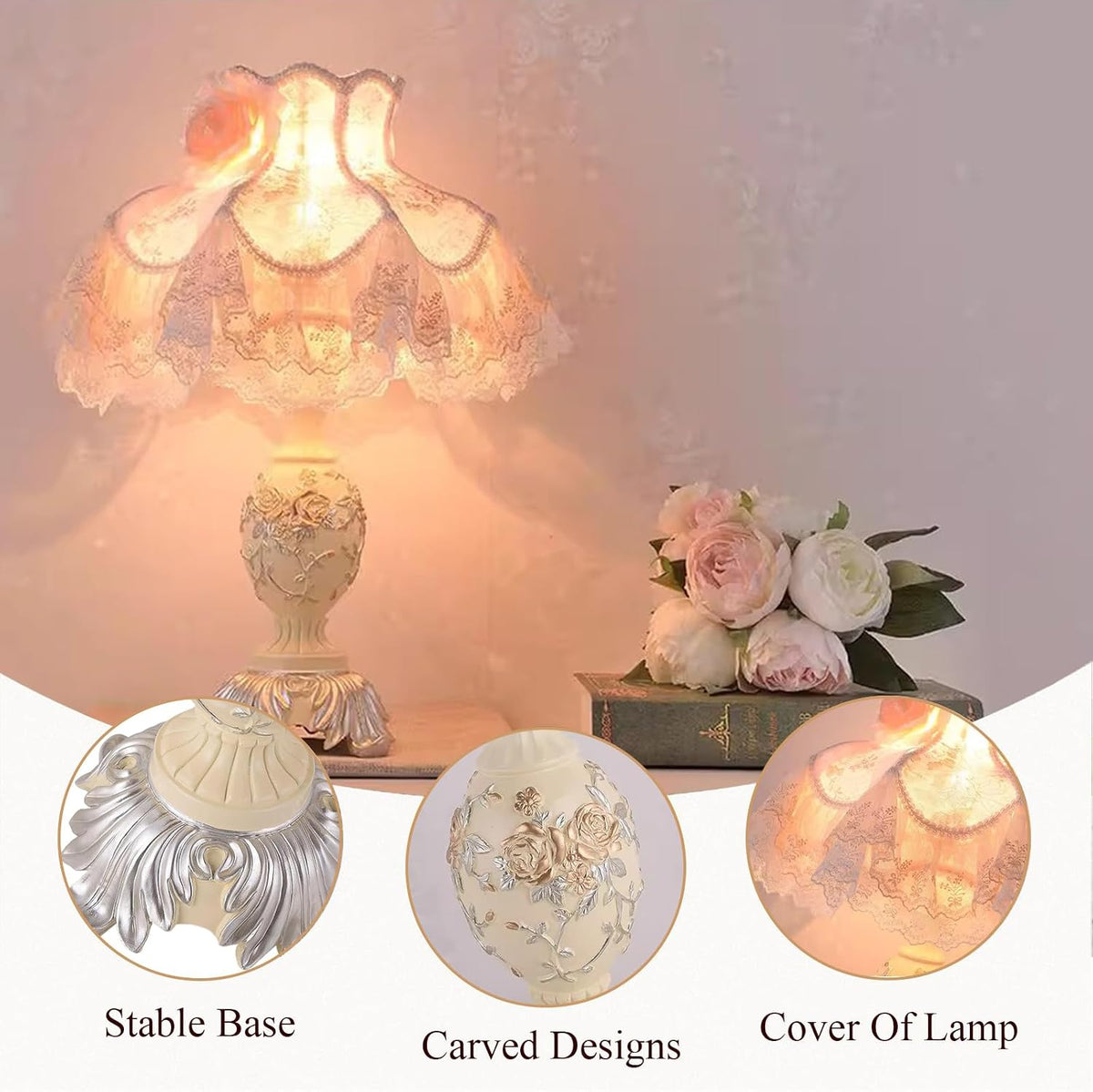 Victorian Pink Table Lamp,Floral Fabric Nightstand Light with Resin Base,European Pastoral Desk Lamp for Bedroom Living Room