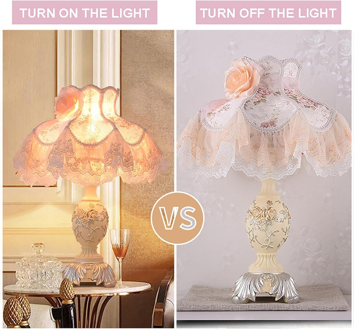 Victorian Pink Table Lamp,Floral Fabric Nightstand Light with Resin Base,European Pastoral Desk Lamp for Bedroom Living Room