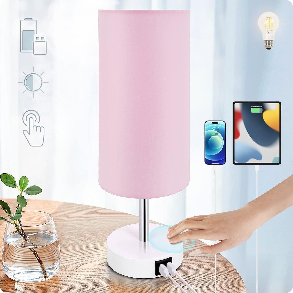 Desk Lamp with USB Port, Touch Control Desk Lamp with 3 Levels Brightness, Bedside Table Lamp with Round Pink Shade for Bedroom, Living Room, Dorm, Home Office
