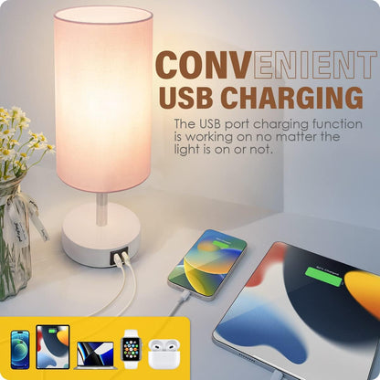 Desk Lamp with USB Port, Touch Control Desk Lamp with 3 Levels Brightness, Bedside Table Lamp with Round Pink Shade for Bedroom, Living Room, Dorm, Home Office