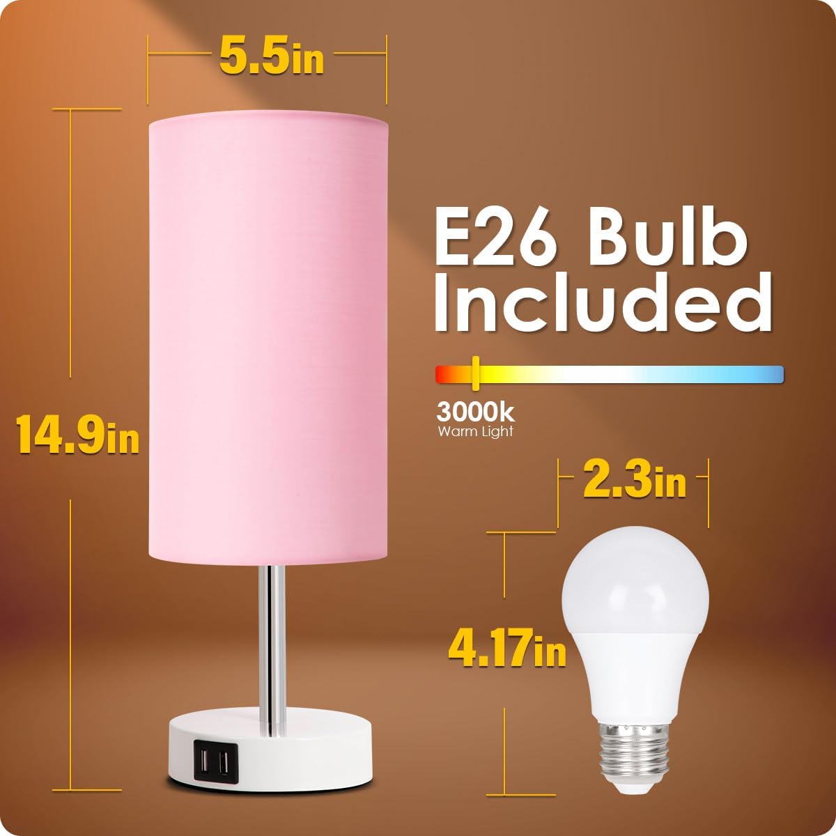 Desk Lamp with USB Port, Touch Control Desk Lamp with 3 Levels Brightness, Bedside Table Lamp with Round Pink Shade for Bedroom, Living Room, Dorm, Home Office