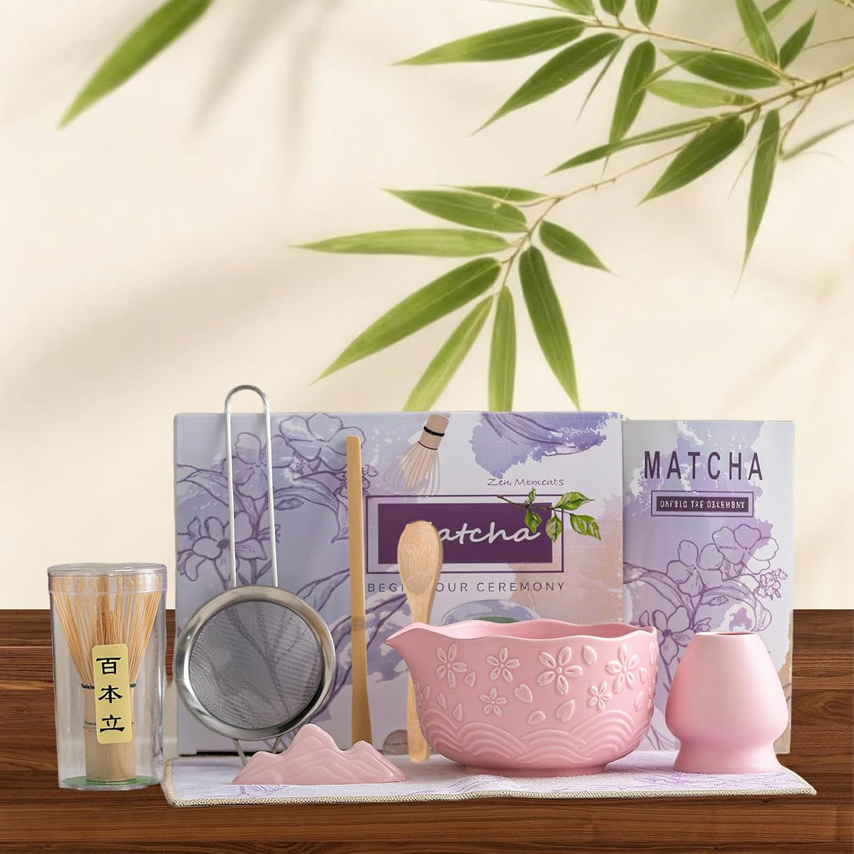 8 Pcs Matcha Whisk Set Chasen Matcha Whisk Bamboo Bowl with Spout Sifter Spoon Scoop Whisk Holder Bamboo Mat Complete Matcha Making Kit (Pink Cherry)