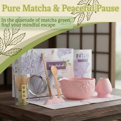 8 Pcs Matcha Whisk Set Chasen Matcha Whisk Bamboo Bowl with Spout Sifter Spoon Scoop Whisk Holder Bamboo Mat Complete Matcha Making Kit (Pink Cherry)
