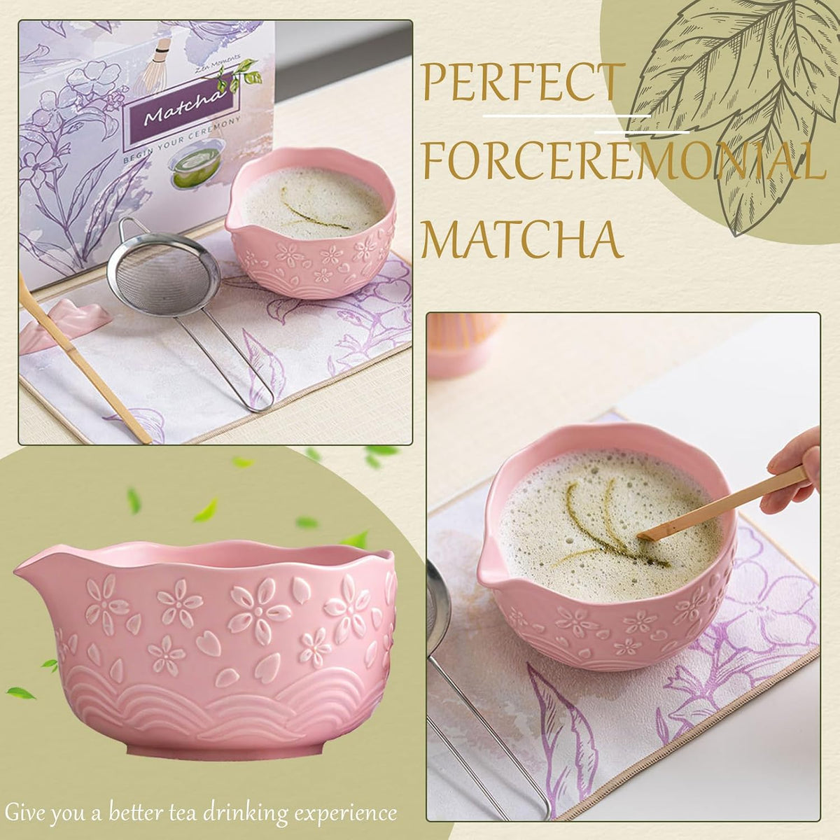 8 Pcs Matcha Whisk Set Chasen Matcha Whisk Bamboo Bowl with Spout Sifter Spoon Scoop Whisk Holder Bamboo Mat Complete Matcha Making Kit (Pink Cherry)