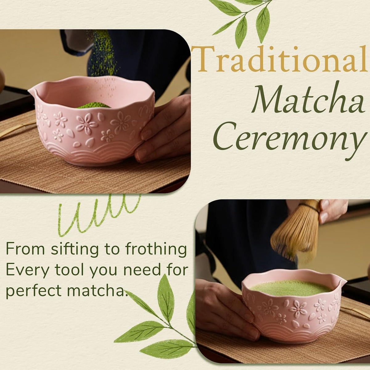 8 Pcs Matcha Whisk Set Chasen Matcha Whisk Bamboo Bowl with Spout Sifter Spoon Scoop Whisk Holder Bamboo Mat Complete Matcha Making Kit (Pink Cherry)