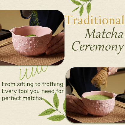 8 Pcs Matcha Whisk Set Chasen Matcha Whisk Bamboo Bowl with Spout Sifter Spoon Scoop Whisk Holder Bamboo Mat Complete Matcha Making Kit (Pink Cherry)