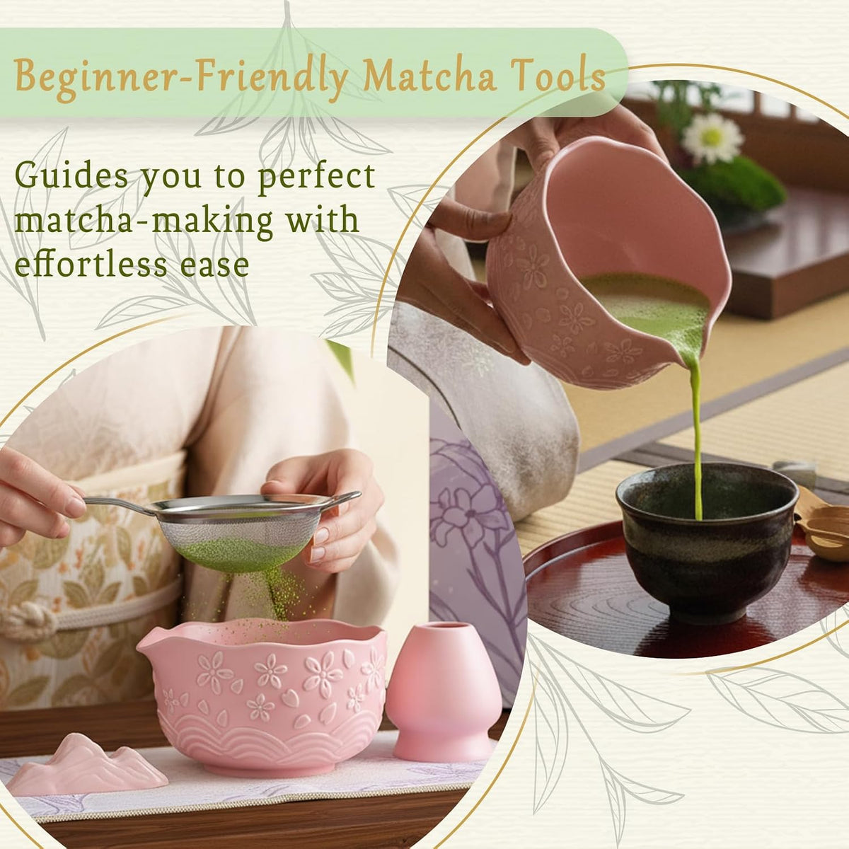 8 Pcs Matcha Whisk Set Chasen Matcha Whisk Bamboo Bowl with Spout Sifter Spoon Scoop Whisk Holder Bamboo Mat Complete Matcha Making Kit (Pink Cherry)