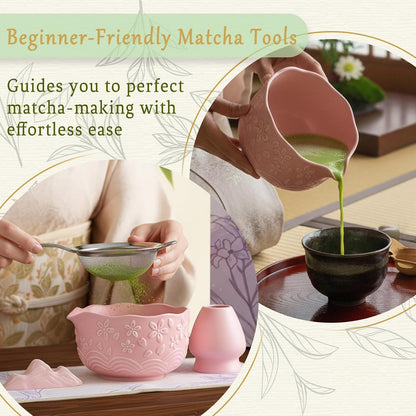 8 Pcs Matcha Whisk Set Chasen Matcha Whisk Bamboo Bowl with Spout Sifter Spoon Scoop Whisk Holder Bamboo Mat Complete Matcha Making Kit (Pink Cherry)