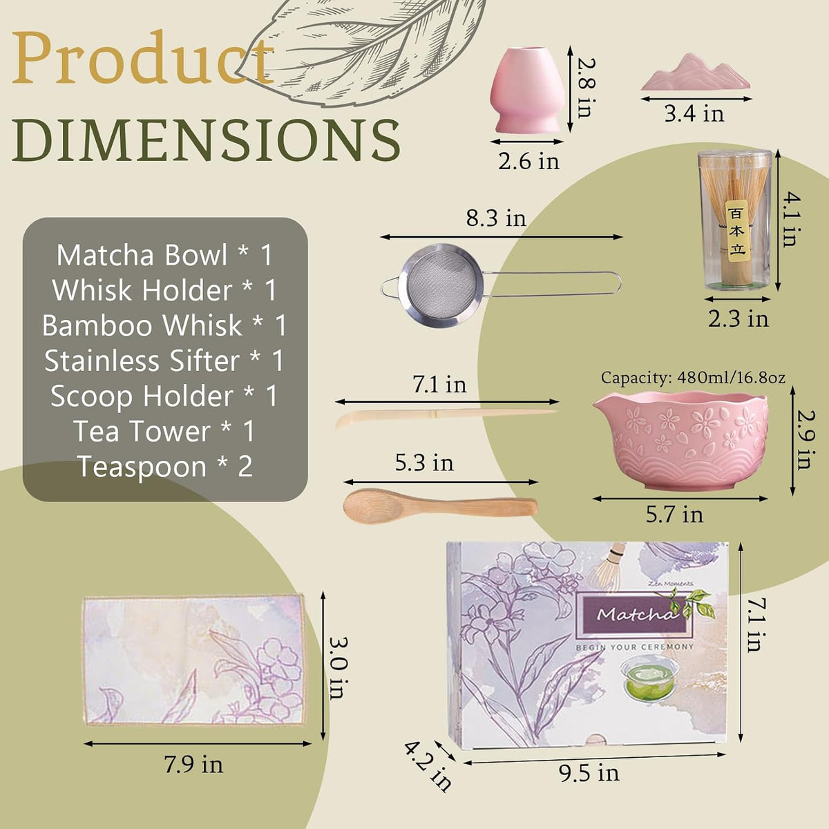 8 Pcs Matcha Whisk Set Chasen Matcha Whisk Bamboo Bowl with Spout Sifter Spoon Scoop Whisk Holder Bamboo Mat Complete Matcha Making Kit (Pink Cherry)
