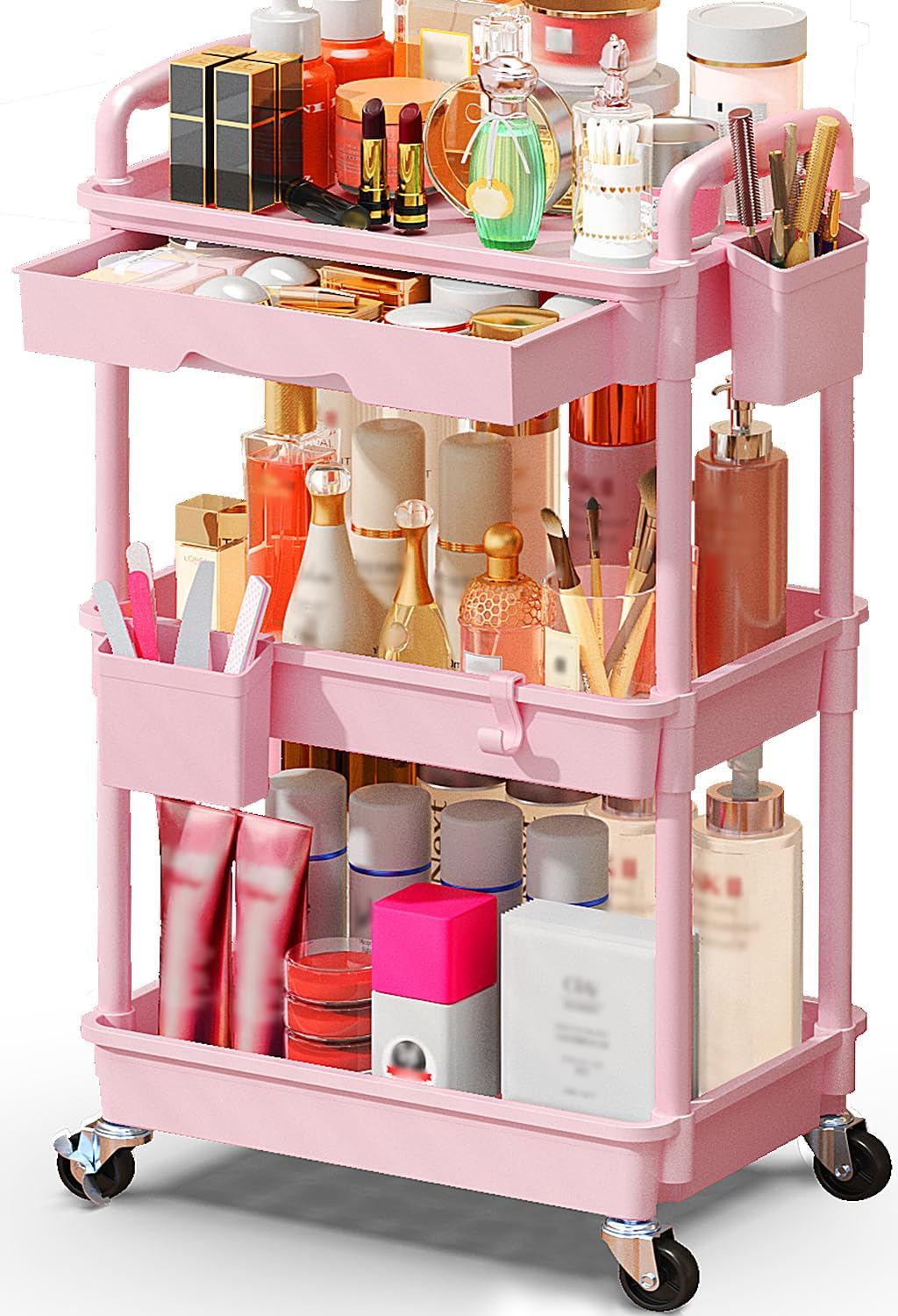 Makeup Cart Organizer with Drawer, 3 Tier Rolling Makeup Cart, Pink