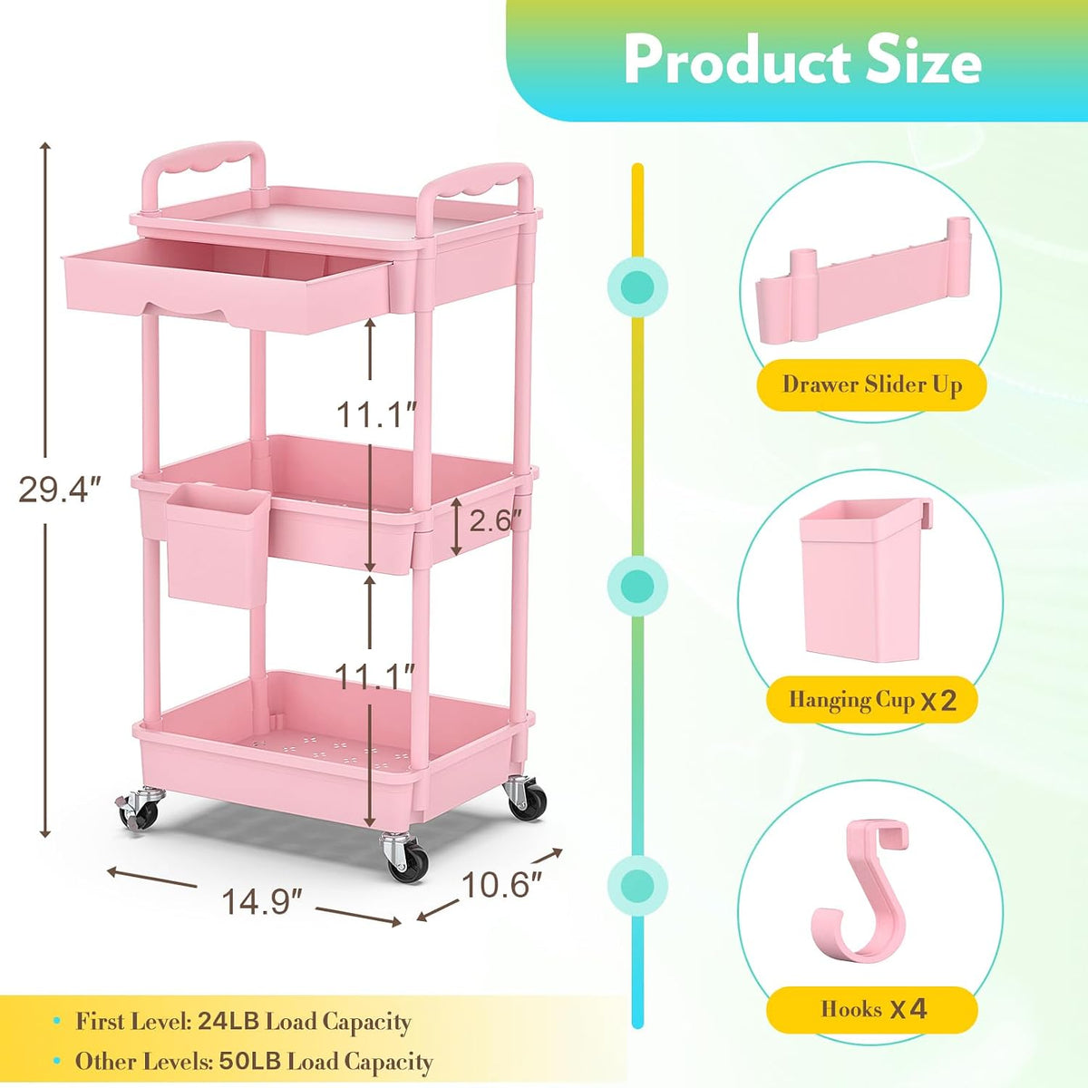 Makeup Cart Organizer with Drawer, 3 Tier Rolling Makeup Cart, Pink