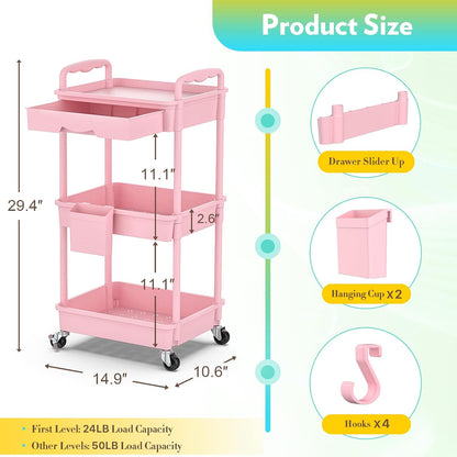 Makeup Cart Organizer with Drawer, 3 Tier Rolling Makeup Cart, Pink
