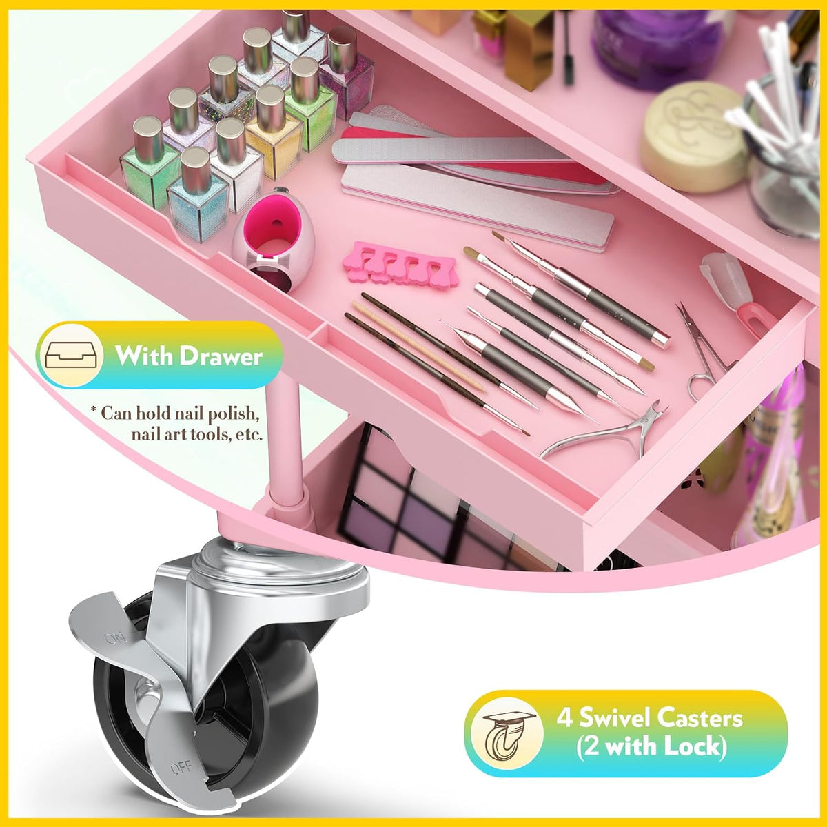Makeup Cart Organizer with Drawer, 3 Tier Rolling Makeup Cart, Pink